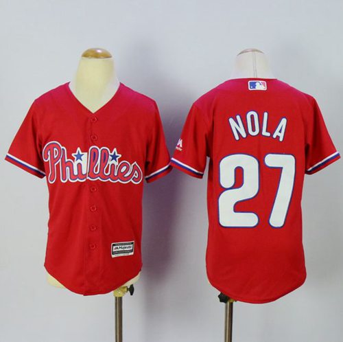 Phillies #27 Aaron Nola Red Alternate Cool Base Stitched Youth MLB Jersey